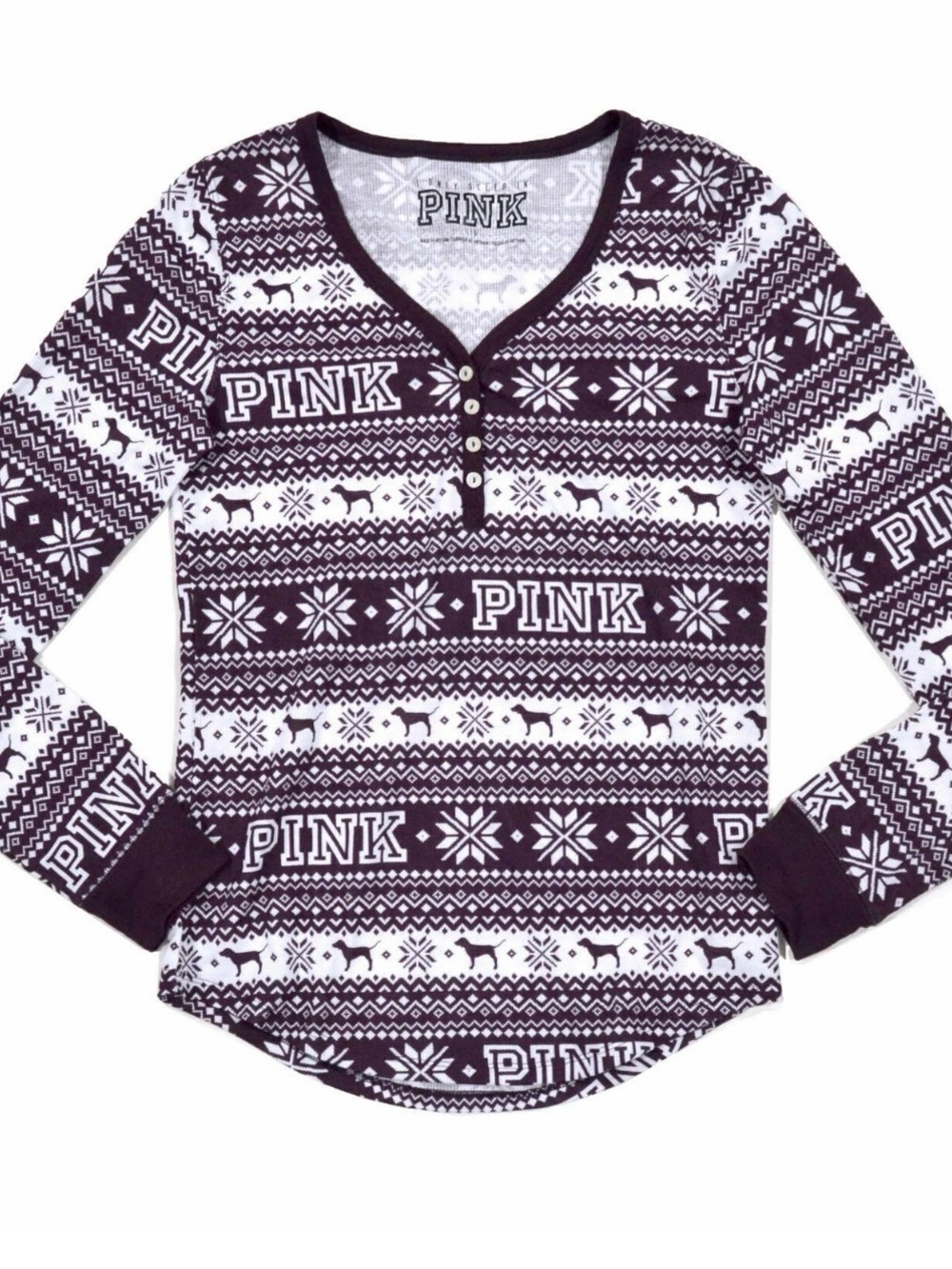 PINK Victoria's Secret Black & White Fair Isle Henley Long-Sleeve Top